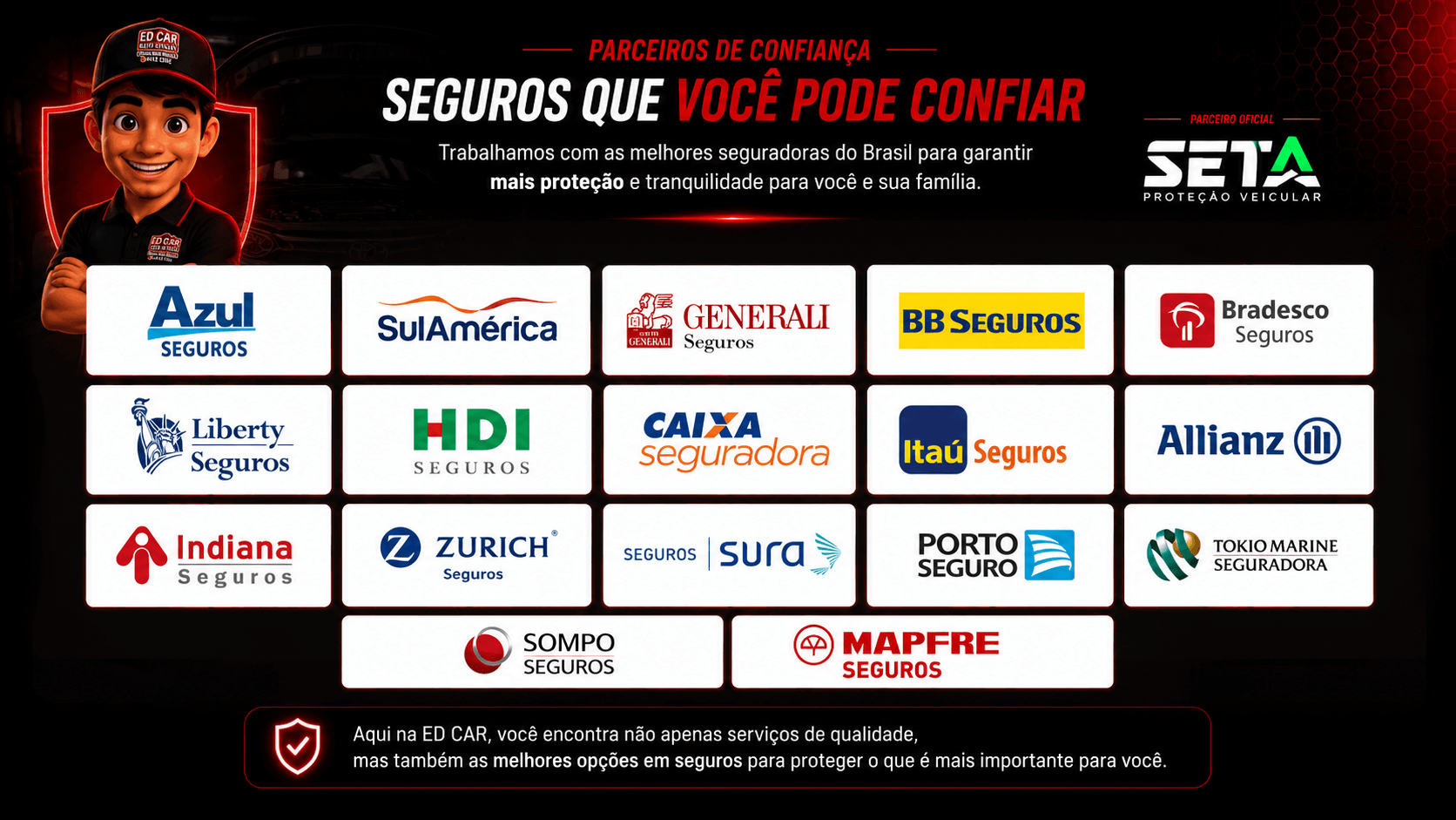 Seguradoras parceiras da Ed Car Service: Azul, SulAmérica, Generali, BB Seguros, Bradesco, Liberty, HDI, Caixa, Itaú, Allianz, Indiana, Zurich, Sura, Porto Seguro, Tokio Marine, Sompo, Mapfre — Parceiro Oficial SETA Proteção Veicular